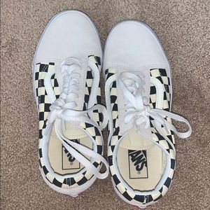 White and black checkers lace up Vans